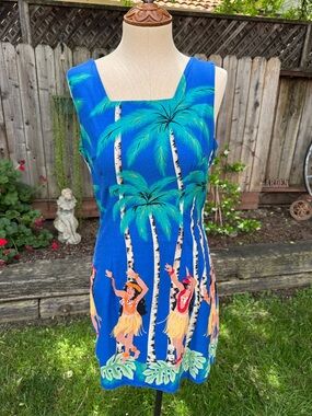 Vtg Pacific Legend Blue Hawaiian Tropical Hula Girls Sheath Dress Women's Large